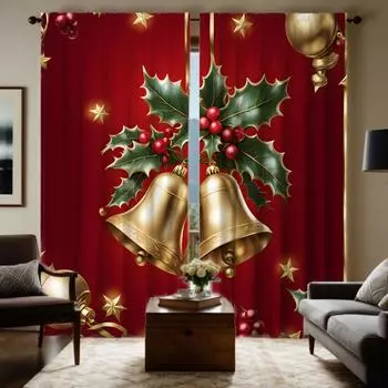 2 шт. HD Рождественский колокольчик подвеска Декоративная занавеска Красный галстук цифровая печать занавеска Стиль украшения дома Украшенная гостиная W52H63inchW132H160cm