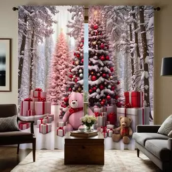 2 шт. HD Рождество после снега Рождественская елка Медведь подарочная коробка Декоративная занавеска Розовая завязка цифровая печать занавеска Украшение для дома W52H63inchW132H160cm