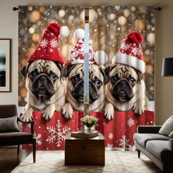 2 шт. HD Рождество Три щенка в шапке Санты Декоративная занавеска Красный галстук цифровая печать занавеска Домашнее украшение стиль Декор W52H63inchW132H160cm