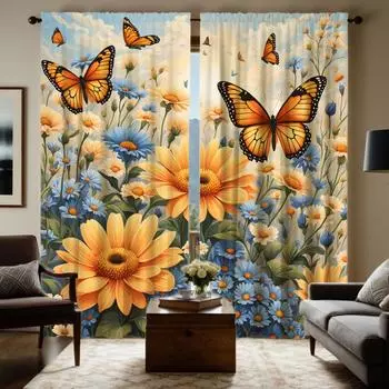 2 шт. HD садовые ромашки бабочки декоративные занавески Желтые галстуки цифровая печать занавески Домашний декор стиль Декоративная гостиная W52H63inchW132H160cm