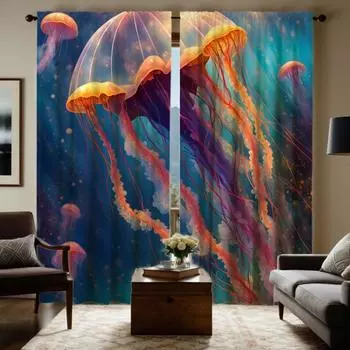 2 шт. HD Sea Bottom World светящиеся медузы декоративные занавески Цветная система цифровая печать занавески Домашнее украшение стиль Декабрь W52H63inchW132H160cm