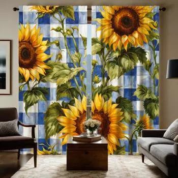 2 шт. HD сине-белой клетчатой занавески с изображением подсолнечника для украшения сада Желтые занавески с цифровой печатью для украшения дома в стиле decorat W52H63inchW132H160cm