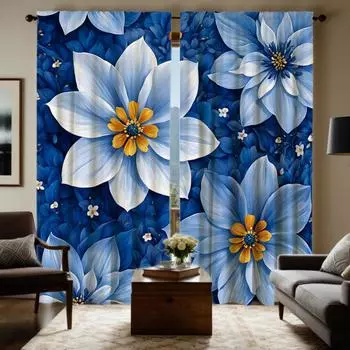 2 шт. HD синяя декоративная занавеска с изображением подсолнечника Синяя цифровая занавеска с принтом для украшения дома, стиль декора гостиной, спальни W52H63inchW132H160cm