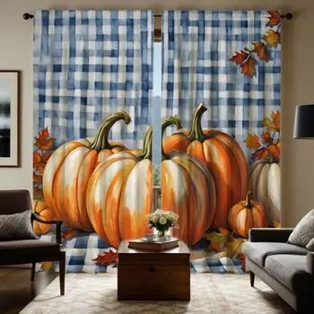 2 шт. HD синяя клетчатая занавеска с тыквой и кленовым листом, декоративная занавеска с желтой завязкой и цифровой печатью, украшение для дома в стиле W52H63inchW132H160cm