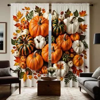 2 шт. HD синяя клетчатая занавеска с тыквой и кленовым листом, декоративная занавеска с желтой завязкой и цифровой печатью, украшение для дома в стиле W52H63inchW132H160cm