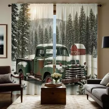 2 шт. HD Сосновый лес грузовик снег вид декоративная занавеска зеленая галстук цифровая печать занавеска украшение дома стиль украшения liv W52H63inchW132H160cm
