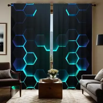 2 шт. HD стереовыпуклые геометрические шестиугольные декоративные занавески Черные занавески с цифровой печатью Стиль украшения для дома Украшение W52H63inchW132H160cm
