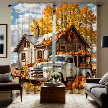 2 шт. HD винтажная осенняя задняя часть с тыквой, автобусом, деревенским коттеджем, декоративная занавеска с желтой завязкой, цифровая печатная занавеска для дома W52H63inchW132H160cm