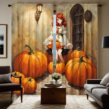 2 шт. HD Занавеска для задней комнаты с изображением тыквы и девочки из мультфильма Желтая завязка с цифровым принтом для украшения дома в стиле гостиной W52H63inchW132H160cm