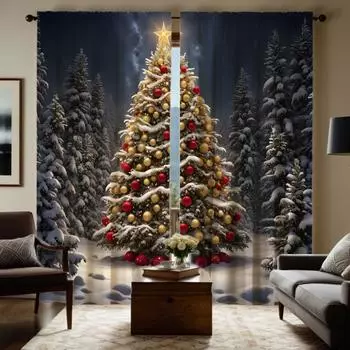 2 шт. HD занавеска с изображением рождественской елки в снежную ночь, черная занавеска с цифровой печатью, украшение для дома в стиле l W52H63inchW132H160cm