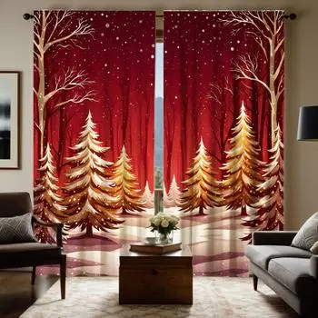 2 шт. HD Желтая декоративная занавеска с изображением соснового леса в снегу Красная завязка с цифровой печатью Украшение для дома Стиль Украшение для гостиной W52H63inchW132H160cm
