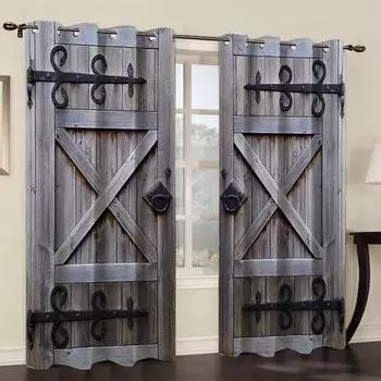 2 шт. Имитация деревенского узора деревянной двери затемняющие шторы гостиная спальня кабинет раздвижное окно домашний декор люверс верхний 2x50W130H(CM)&Rod Pocket