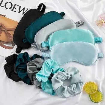 2 шт., имитация шелковой маски для глаз и резинки для волос, набор, мягкая ночная повязка на глаза для женщин и мужчин, резинки для волос чёрный