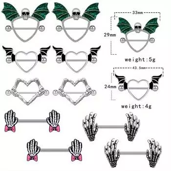 2 шт. индивидуальное европейское и американское нагрудное кольцо нагрудное кольцо хип-хоп панк крылья летучей мыши сердце пирсинг сосков кольцо-гвоздик для сосков ювелирные изделия