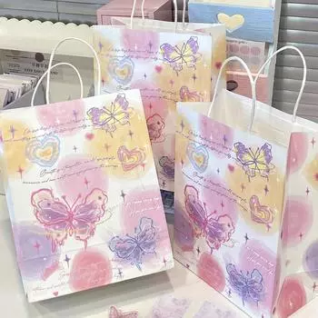 2 шт. Ins Милая эстетическая сумка-тоут из крафт-бумаги с изображением бабочек мечты Kawaii для девочек, сумка для покупок, школьная портативная сумка для репетиторства