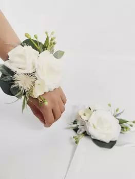 2 шт., искусственная роза на запястье, корсаж, свадебный цветок на запястье, ручной цветочный декор для выпускного вечера, свадьбы, браслет для встречи выпускников, цветы для невесты, подружки невесты белый