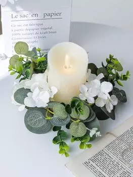 2 шт. искусственные листья эвкалипта, венки для свечей, небольшой венок в стиле бохо, подсвечник для свадьбы, дома, двери, столешница, украшение для гостиной белый