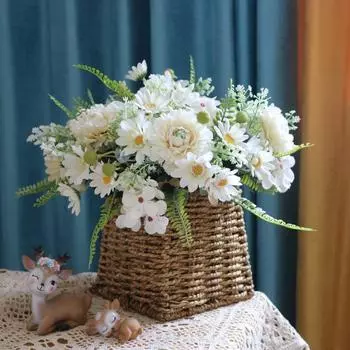 2 шт. искусственных цветов, шелковые ромашки, искусственные гвоздики, шелковые гортензии, букет, декор, пластиковые реалистичные цветочные композиции для домашнего декора, вечеринки, свадьбы белый