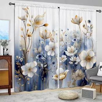 2 шт. Изысканные белые шторы с цветочным принтом для домашнего декора - Карманные шторы для окон в спальню, офис и кухню 52.5cmX116cmX2pcs