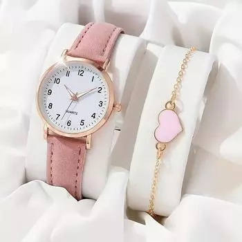 2 шт. Элегантные кварцевые часы с браслетом в форме сердца для ее шикарных точных аналоговых часов Perfect Love Token розовый