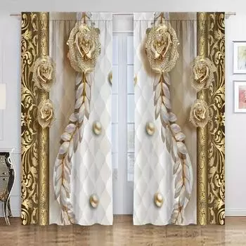 2 шт. Элегантные шторы с золотым цветочным узором для домашнего декора, оконная отделка для спальни, офиса, кухни, гостиной и кабинета W50H60(CM)x2PCS&Hook