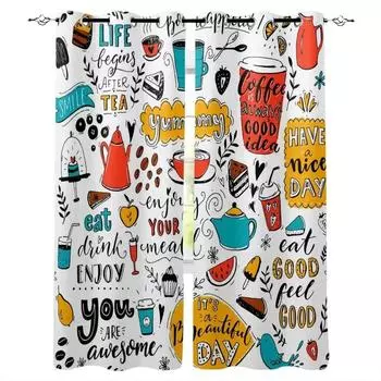 2 шт. Кафе Doodle Чайник Чашка Еда Оконные Шторы Спальня Кухня Декор Шторы Панельные Оконные Шторы для Гостиной Кофе W60xH100(CM)x2pcs&Hook