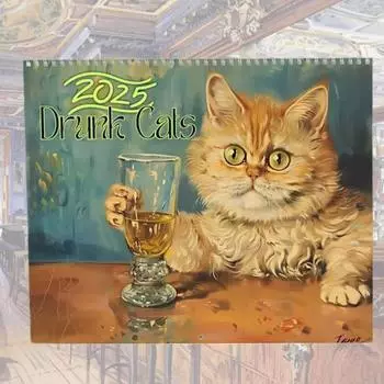 2 шт. Календарь Drunk Cats 2025, подвесной календарь на спирали на месяц, настенный календарь, художественный календарь с изображением Drunk Cat, подарок для друзей-любителей кошек 2pcs