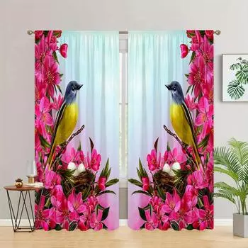 2 шт. Карниз для штор с принтом цветов и птиц, элегантный домашний декор для спальни, офиса, кухни и гостиной W55 X H120cm X 2&HOOK