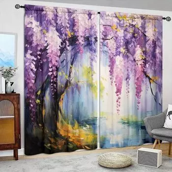 2 шт. Картина маслом с изображением цветов глицинии, напечатанная на занавеске для домашнего декора - Карманная штора на карнизе для спальни, офиса, кухни 52.5cmX116cmX2pcs