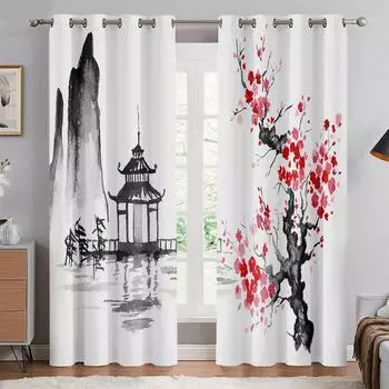 2 шт. Китайские занавески с изображением цветущей сливы, напечатанные на холсте, для спальни, гостиной, с люверсами сверху, можно заказать по индивидуальному размеру 100W130H(CM)40x51in&rod pocket