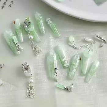 2 шт. Китайский стиль антикварный нефрит ретро старинный белый зеленый пряжка для ногтей украшения стеклянный маникюрный аксессуар