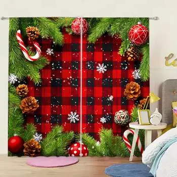 2 шт. классические рождественские занавески в клетку красного и черного цвета для домашнего декора - оконные шторы с карманами для спальни 52.5cmX116cm X 2pcs