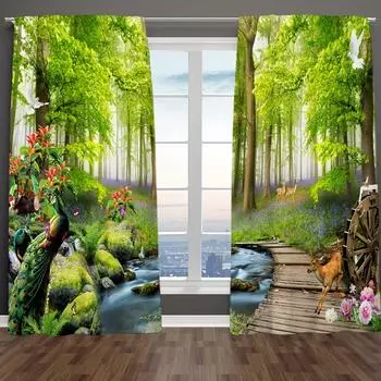 2 шт. Классические шторы для окон с принтом зеленого леса и дикой природы, павлин, олень с тропинкой на деревьях, для спальни, кухни, окна 0.8*1.4&Grommet Top