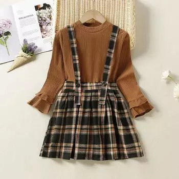 2 шт., клетчатое платье в рубчик для девочек с воротником-стойкой и воротником-стойкой 5-6Y