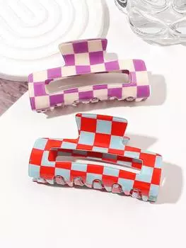 2 шт. клетчатые разноцветные прямоугольные заколки-крабы для волос с сильной фиксацией, аксессуары для женщин и девочек с тонкими густыми волосами. Size fits all