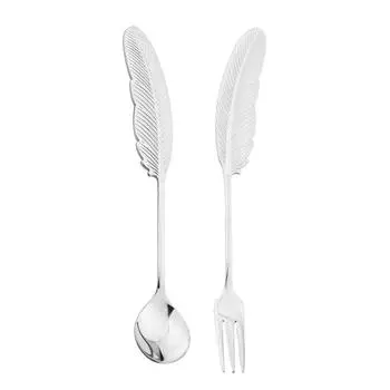 2 шт., кофейная ложка, десертная вилка, креативное перо, вилка из нержавеющей стали 304, торт, фруктовый салат, столовые приборы, украшение, посуда, подарок, кухня серебряный