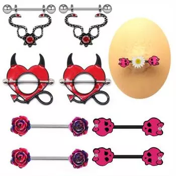 2 шт., кольцо для сосков с черепом, кольцо для сосков демона, роза, серпантин, кольцо для сосков, ювелирные изделия для пирсинга