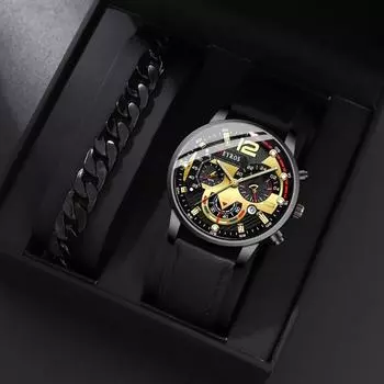 2 шт./компл., 1 шт., модные мужские повседневные деловые кварцевые часы с кожаным ремешком из искусственной кожи и 1 шт. мужской браслет, подарок на фестиваль