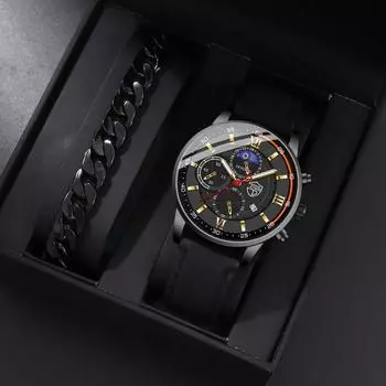 2 шт./компл., 1 шт. модные мужские повседневные кварцевые часы из искусственной кожи и 1 шт. мужской браслет, мужские подарки