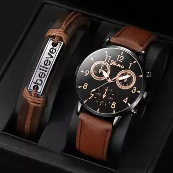 2 шт./компл., 1 шт. модные мужские деловые кварцевые часы из искусственной кожи и 1 браслет на веревке, мужские подарки