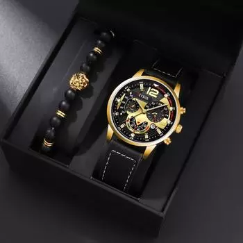 2 шт./компл., 1 шт. модные мужские повседневные деловые кварцевые часы из искусственной кожи и 1 шт. мужской браслет, подарочный набор