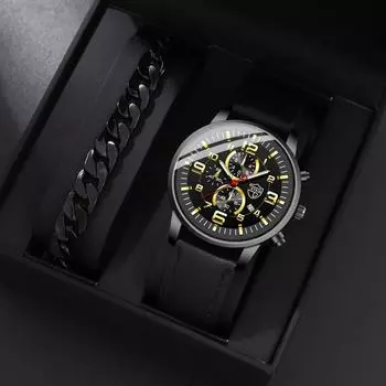 2 шт./компл., 1 шт. модные мужские деловые кварцевые наручные часы из искусственной кожи и 1 браслет, лучшие подарки для него