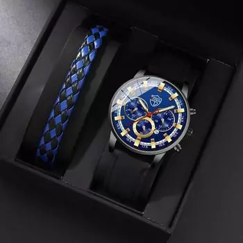 2 шт./компл., 1 шт. модные мужские деловые кварцевые наручные часы с кожаным ремешком из искусственной кожи и 1 шт. браслет, подарок на фестиваль