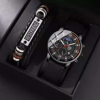 2 шт./компл., 1 шт., модные мужские часы с календарем, кварцевые наручные часы для деловых людей и 1 шт., мужской браслет, подарок на фестиваль