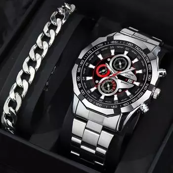 2 шт./компл., 1 шт., роскошные мужские кварцевые наручные часы с календарем и 1 шт., повседневный классический браслет, идеальный выбор для подарков мужчинам