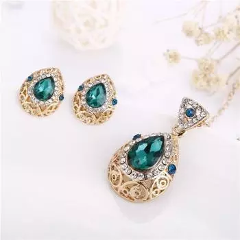 2 шт./компл. элегантное ожерелье и серьги с инкрустацией стразами, комплект полых капель воды, регулируемое ожерелье, серьги-гвоздики, комплект свадебных украшений, подарок зелёный