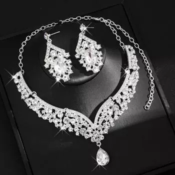 2 шт./компл. Блестящие свадебные ожерелья и серьги, Кристальное ожерелье, Набор серег, Вечеринка белый