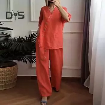 2 шт./компл. блузка и брюки, комплект с V-образным вырезом и пуговицами, декор с рукавами три четверти, топ с широкими штанинами, свободные брюки с эластичной резинкой на талии, повседневная домашняя одежда для поездок на работу, наряд XL армия зеленый