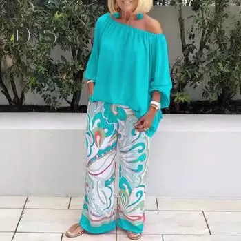 2 шт./компл. блузка и брюки, комплект с наклонным вырезом на одно плечо, топ с девятыми рукавами, широкие брюки, свободные брюки с эластичной резинкой на талии и принтом, OL, повседневная домашняя одежда для поездок на работу, наряд 2XL зелёный