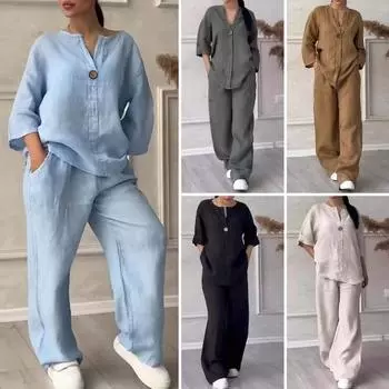 2 шт./компл. блузка и брюки, комплект с v-образным вырезом и длинными рукавами, декор на пуговицах, топ с широкими штанинами, свободные брюки с эластичной резинкой на талии, OL для поездок на работу M верблюд